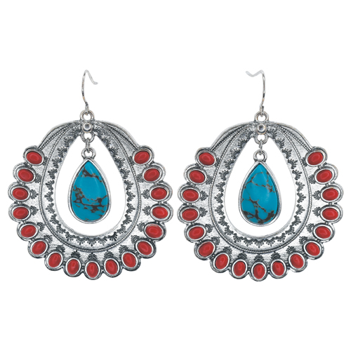 [2510040632] JUSTIN LADIES EARRINGS CLUSTER HOOP W/FAUX CORAL AND TURQUOISE CHARM