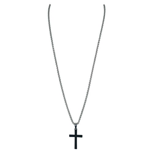 [2512361396] JUSTIN MENS NECKLACE BEVELED MATTE RUBBER COATED BLACK CROSS