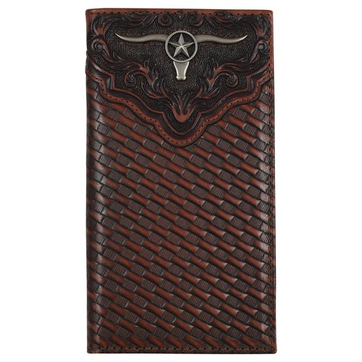 [2512395661] JUSTIN MENS GENUINE LEATHER RODEO WALLET EMBOSSED YOKE W/ BASKETWEAVE AND STEERHEAD