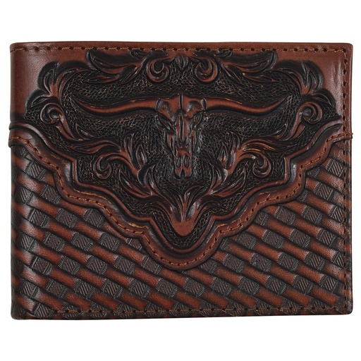 [2512391381] JUSTIN MENS GENUINE LEATHER LARGE BIFOLD WALLET BASKETWEAVE WITH STEERHEAD