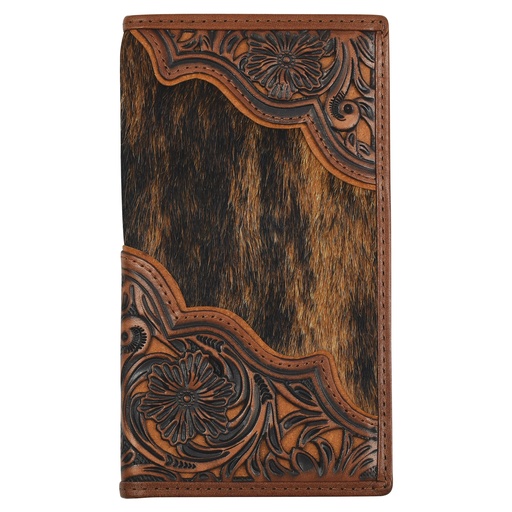[2512395663] JUSTIN MENS GENUINE LEATHER RODEO WALLET WITH FLORAL TOOLING AND BRINDLE HAIR ON 