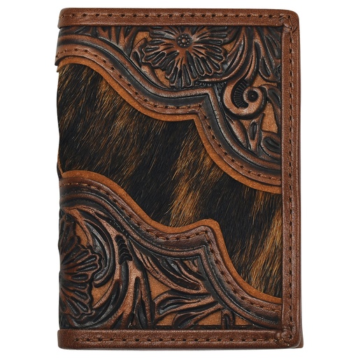 [2512393223] JUSTIN MENS GENUINE LEATHER TRIFOLD WALLET WITH FLORAL TOOLING AND BRINDLE HAIR ON 