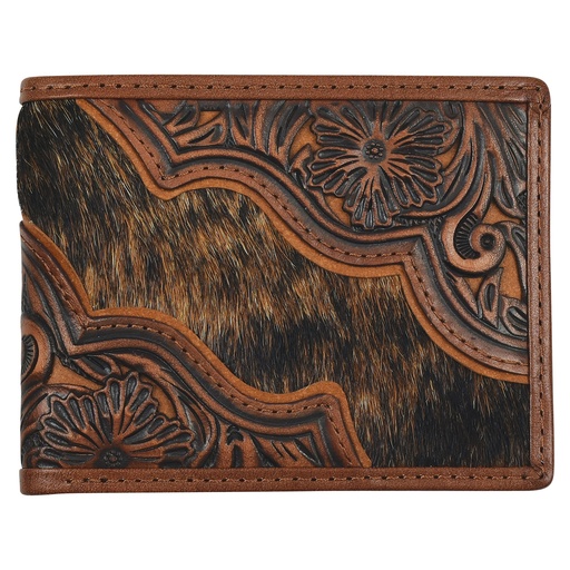 [2512391383] JUSTIN MENS GENUINE LEATHER LARGE BIFOLD WALLET WITH FLORAL TOOLING AND BRINDLE HAIR ON 