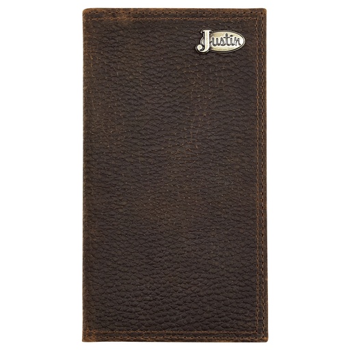 [2512395665] JUSTIN MENS GENUINE LEATHER RODEO WALLET OILED BROWN TEXTURED W/ANTIQUE SILVER JUSTIN LOGO
