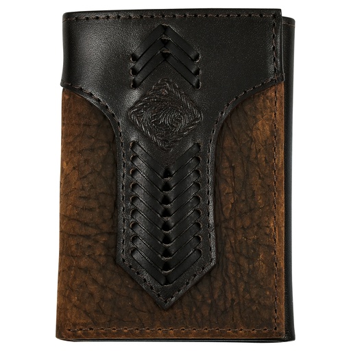 [2512393227] JUSTIN MENS GENUINE LEATHER TRIFOLD WALLET OILED TEXTURE WITH STITCHED YOKE