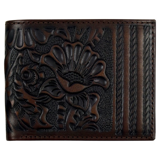 [2512391389] JUSTIN MENS GENUINE LEATHER LARGE BIFOLD WALLET BROWN WITH FLORAL TOOLING