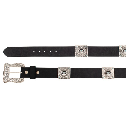 [2510360246] CATCHFLY LADIES BELT BLACK W/LARGE SQUARE CONCHOS AND STONES