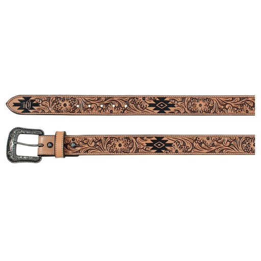 [2510290245] RED DIRT HAT CO LADIES GENUINE LEATHER BELT NATURAL W/FLORAL TOOLING AND BLACK WASH