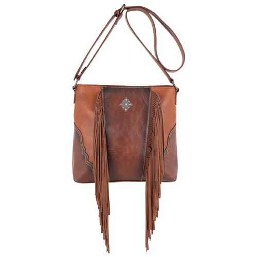 [2510245272] JUSTIN LADIES CROSS BODY BROWN AND TAN WITH CONCHO