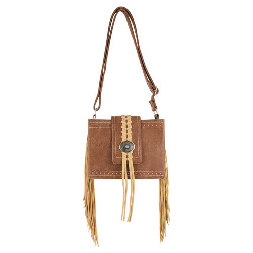 [2510431521] JUSTIN LADIES SMALL CROSSBODY TAN W/CONCHO AND FRINGE
