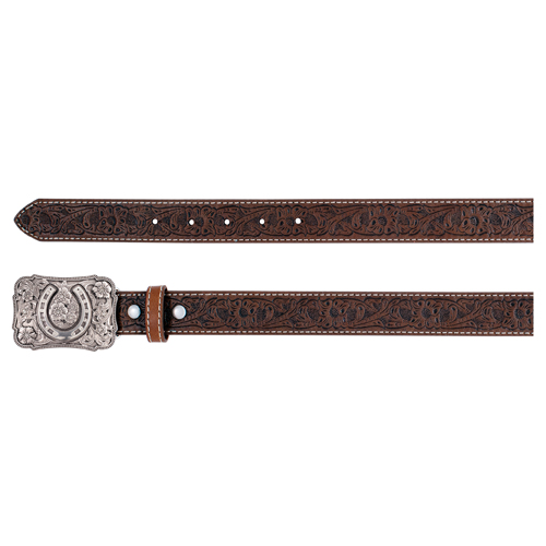 [2520880241] CATCHFLY LADIES BELT BROWN W/FLORAL TOOLED PATTERN