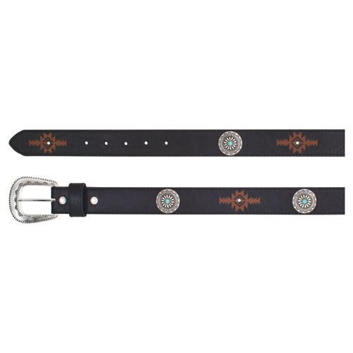 [2520940246] CATCHFLY LADIES BELT BLACK W/ROUND FLOWER CONCHOS