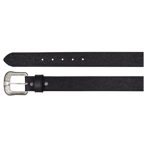 [2521030246] JP WEST MENS GENUINE LEATHER BELT BLACK W/OAK TOOLING 
