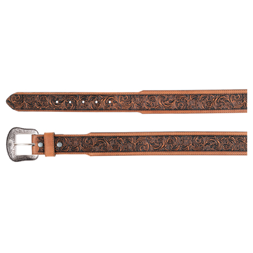 [2521030247] JP WEST MENS GENUINE LEATHER BELT TAN W/FLORAL TOOLING 
