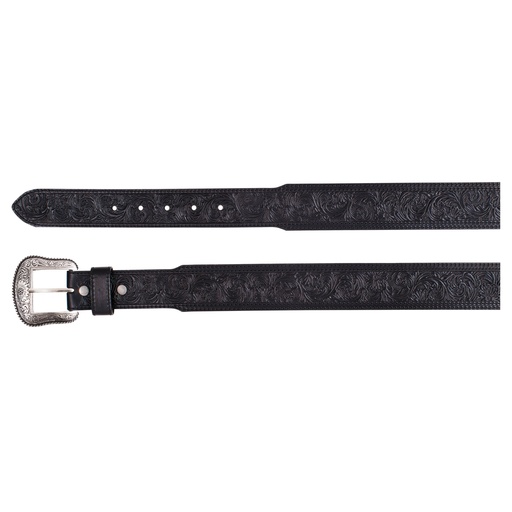 [2521030249] JP WEST MENS GENUINE LEATHER BELT BLACK W/FLORAL TOOLING 