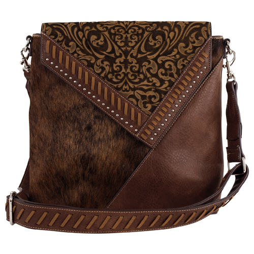 [2520815271] CATCHFLY LADIES CROSSBODY BROWN PATCHWORK SUEDE W/HAIR ON 
