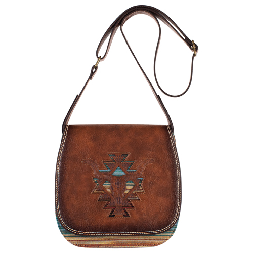[2521245312] CATCHFLY LADIES SADDLE BAG BROWN W/STEER HEAD AND SOUTHWESTERN STRIPES