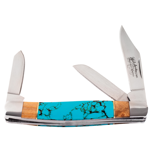 [2521180561] JUSTIN STOCKMAN KNIFE TURQUOISE COLORED STONE AND BURLWOOD HANDLE