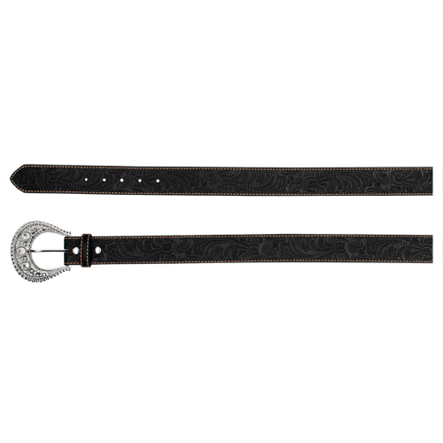 [2521260241] CATCHFLY LADIES BELT BLACK TOOLED W/RHINESTONE BUCKLE