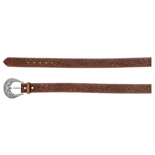 [2521260242] CATCHFLY LADIES BELT BROWN TOOLED W/RHINESTONE BUCKLE