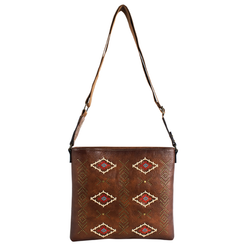 [2610061011] CATCHFLY LADIES CROSSBODY TAN EMBROIDERED AZTEC DESIGNS W/STUDS