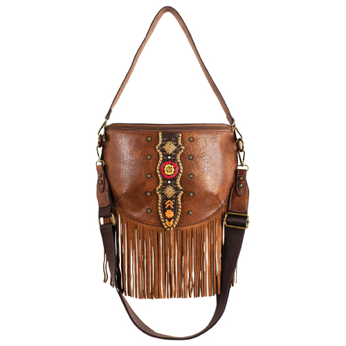 [2610771651] CATCHFLY LADIES SLING POUCH TAN MULTICOLORED WHIP STITCH FLOWERS W/STUDS AND FRINGE