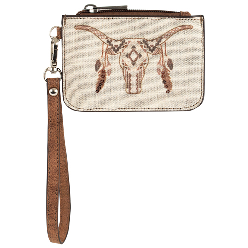 [2611696252] CATCHFLY LADIES MINI CARD WALLET CANVAS COW SKULL W/FEATHERS