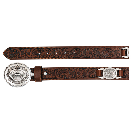 [2610260246] CATCHFLY LADIES BELT BROWN WITH FLORAL EMBOSS AND OVAL CONCHOS