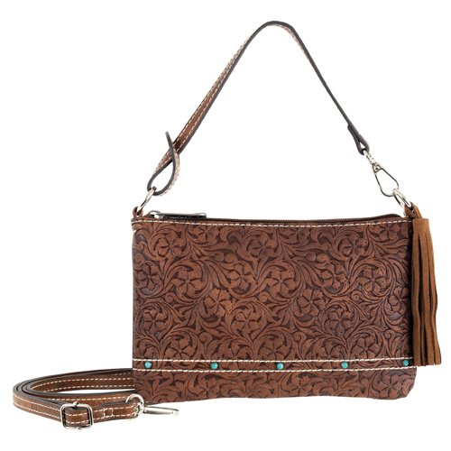 [2610146871] JUSTIN LADIES MINI SHOULDER COGNAC WITH FLORAL EMBOSS