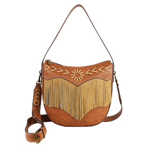 [2610241661] JUSTIN LADIES SHOULDER BAG TAN W/LEATHER STITCHING AND FRINGE