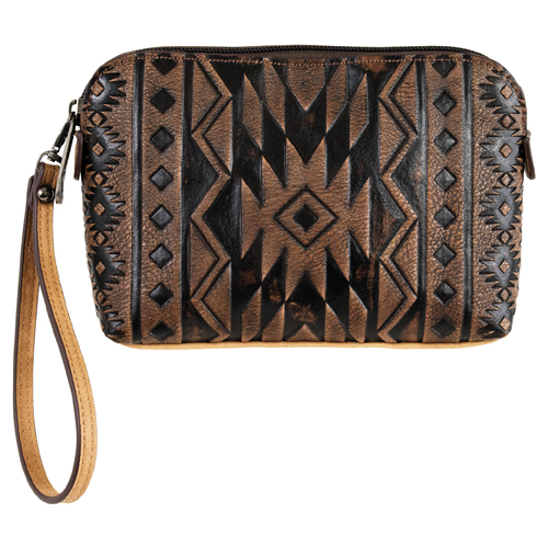 [2611365261] JUSTIN LADIES COSMETIC POUCH BROWN SOUTHWESTERN EMBOSS