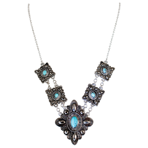[26101NJ1] JUSTIN LADIES NECKLACE DIAMOND CONCHO W/TURQUOISE COLORED STONES 