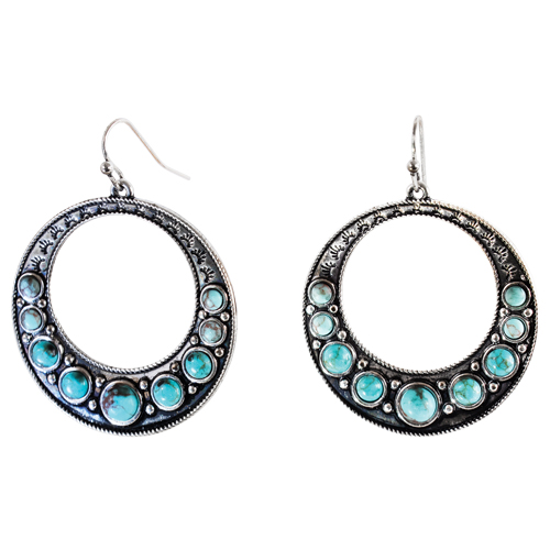 [26111EJ1] JUSTIN LADIES EARRINGS CONCHO OPEN HOOP W/TURQ COLORED STONES