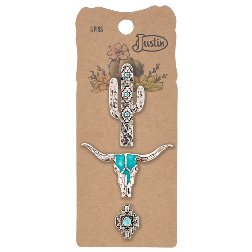 [26117HP1] JUSTIN HAT PIN 3 PACK ENAMEL STEER SKULL W/ENAMEL