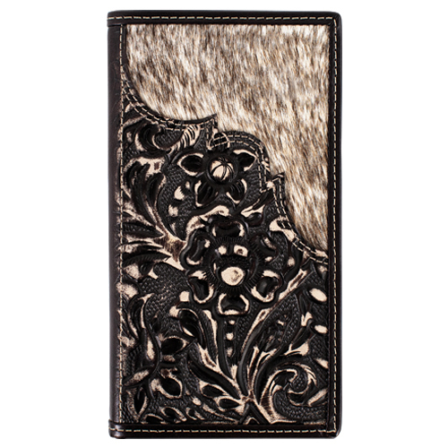 [2610335662] JUSTIN MENS GENUINE LEATHER RODEO WALLET FLORAL TOOLING W/HAIR ON INLAY