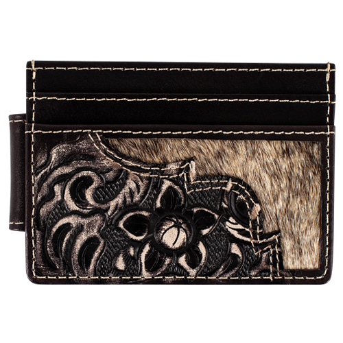 [2610336622] JUSTIN MENS GENUINE LEATHER SLIM CARD WALLET FLORAL TOOLING W/HAIR ON INLAY