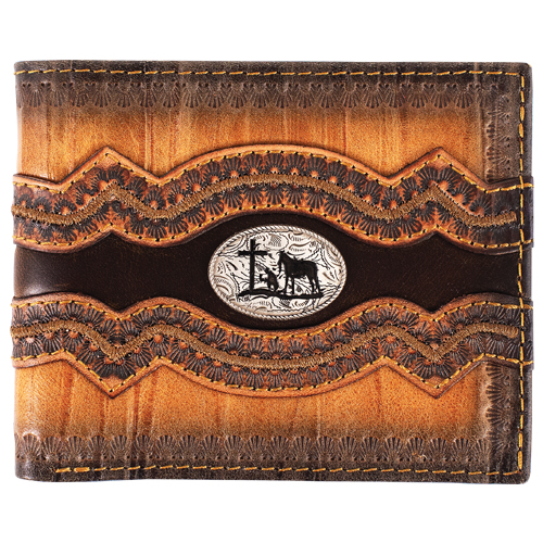 [2610331387] JUSTIN MENS GENUINE LEATHER BIFOLD WALLET TEXTURED W/PRAYING COWBOY
