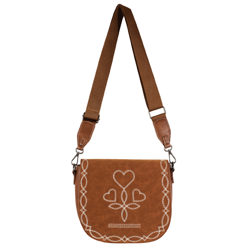 [2622005311] JUSTIN LADIES SADDLE BAG BROWN WITH HEART STITCHING