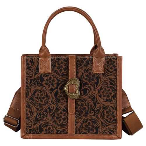 [2622591731] JUSTIN LADIES SMALL TOTE BROWN WITH FLORAL SCROLL AND HEART BUCKLE