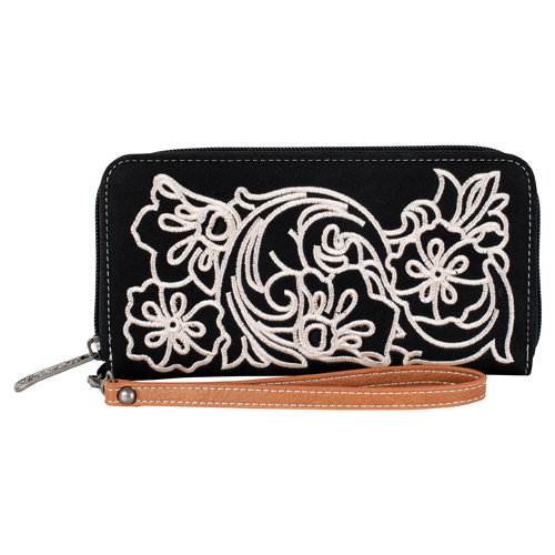 [2622892151] JUSTIN LADIES WRISTLET WALLET BLACK W/FLORAL EMBROIDERY