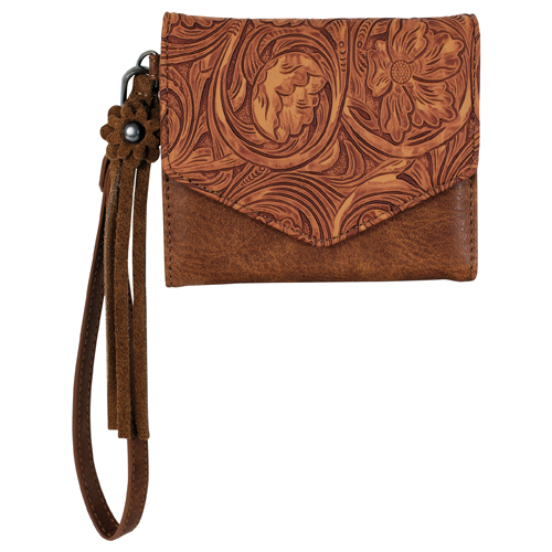 [2622526261] JUSTIN LADIES MINI WALLET BROWN W/FLORAL TOOLING