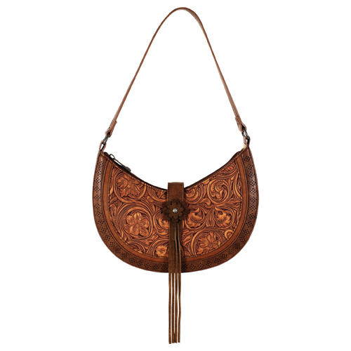 [2622521681] JUSTIN LADIES SHOULDER BAG BROWN WITH FLORAL TOOLING