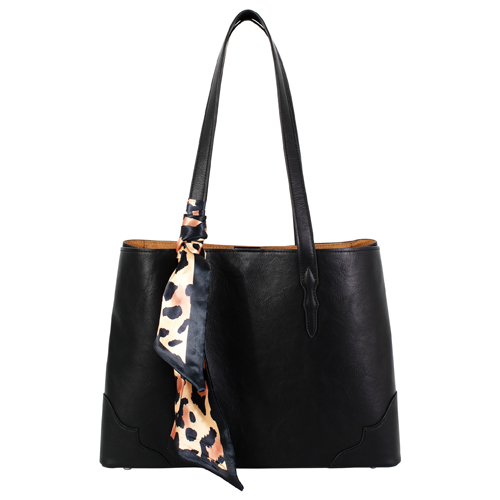[2622716092] JUSTIN LADIES SIGNATURE TOTE BLACK WITH LEOPARD PRINT SCARF