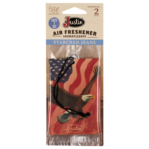 [26FRESH010SJ] JUSTIN AIR FRESHENER FLAG W/EAGLE GRAPHIC AND STARCHED JEANS SCENT-2/PK
