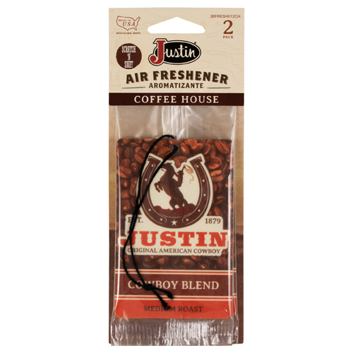 [26FRESH012CH] JUSTIN AIR FRESHENER COFFEE BAG GRAPHIC AND COFFEE HOUSE SCENT-2/PK