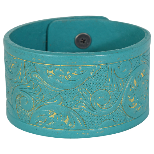 [22071BJ2] JUSTIN BRACELET, TURQUOISE TOOLED LEATHER CUFF, 2.25"W