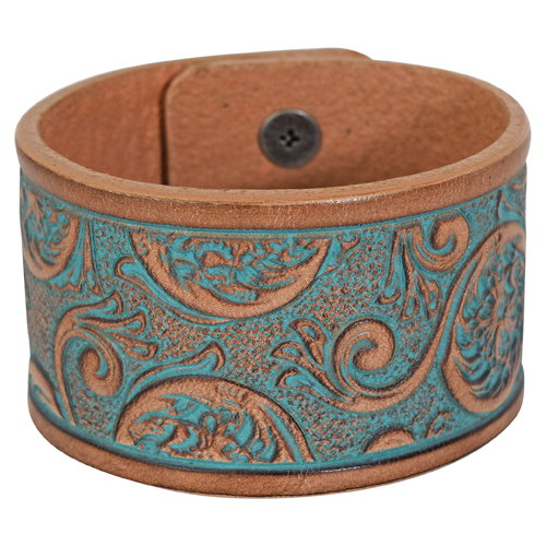 [22071BJ3] JUSTIN BRACELET, SADDLE BROWN TOOLED LEATHER CUFF, 2.25"W