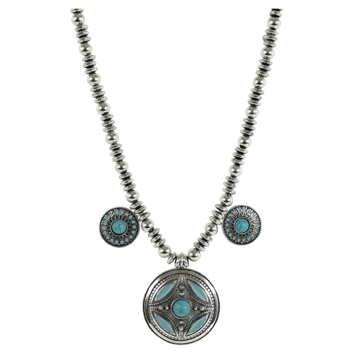 [22170NJ1] JUSTIN NECKLACE BEADED CHAIN W/SILVER DISC & TURQ ACCENTS 18" + 2.5" EXT