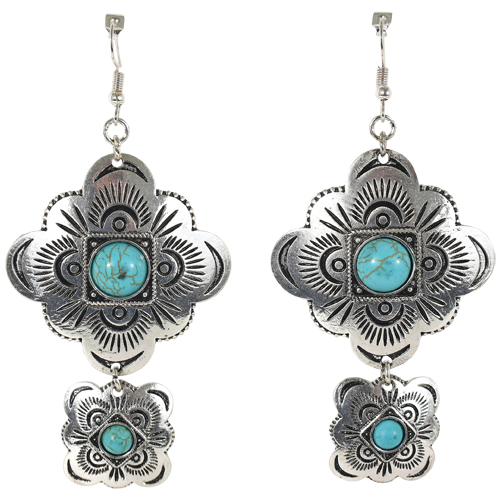 [22171EJ1] JUSTIN EARRINGS DBL SILVER CONCHO W/TURQUOISE COLORED STONES