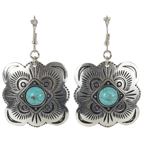[22171EJ2] JUSTIN EARRINGS SILVER CONCHO W/TURQUOISE COLORED STONE